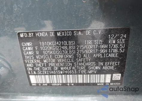 2025 Honda Hr-V 2Wd Lx from USA, damaged, VIN 3CZRZ1H31SM740653